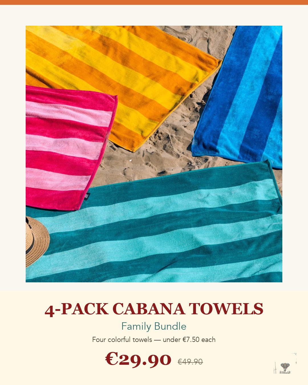 4-Pack Beach Towels - Cabana Stripes Indian Elephant